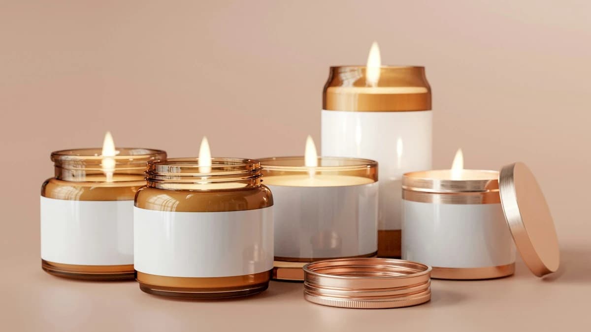 Use case: a line of lit candles in blank-label jars for product photos