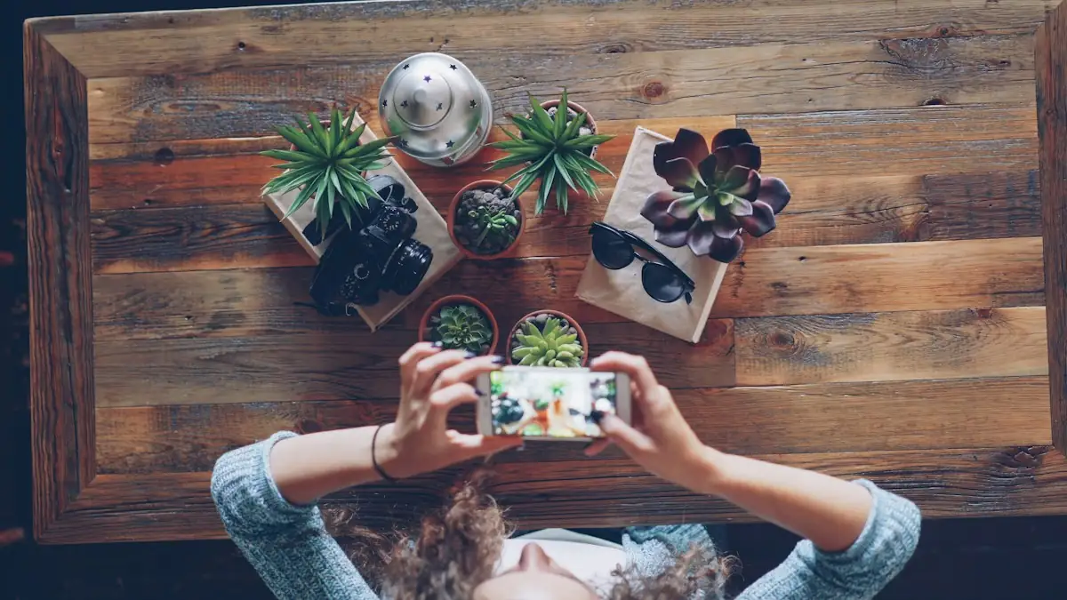 Use case: a creator photographing plants on a wooden table for a social post
