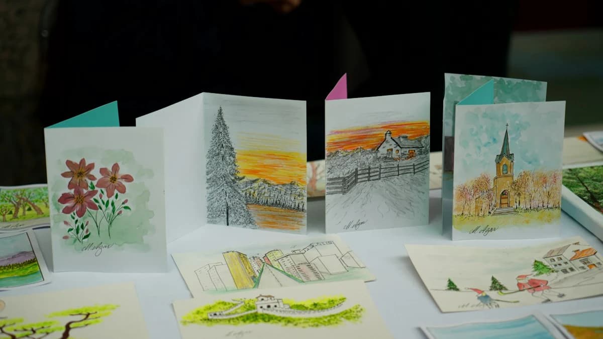 Use case: handmade watercolor greeting cards displayed on a table