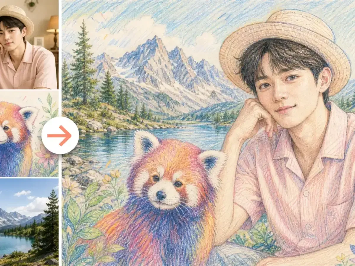 Flow Image image-to-image: an uploaded portrait redrawn as a colored-pencil scene with a red panda