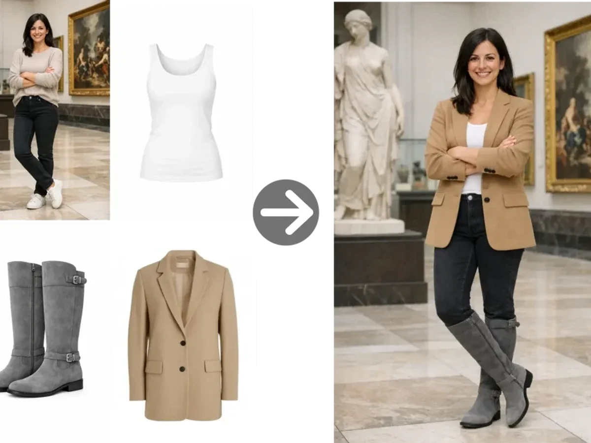 Flow Image reference images: outfit pieces and a portrait combined into one museum photo