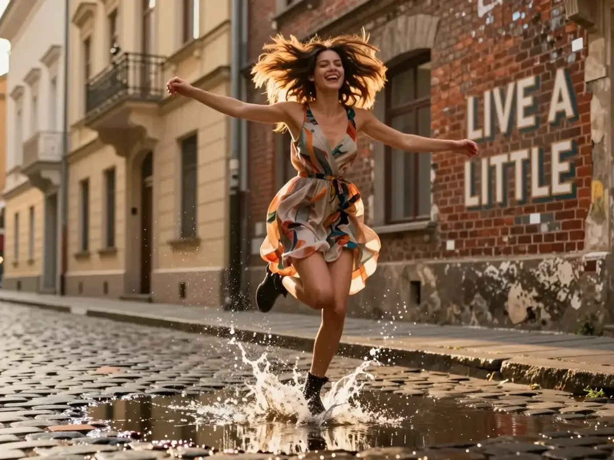 Flow Image text-to-image result: a woman splashing through a puddle by a LIVE A LITTLE wall